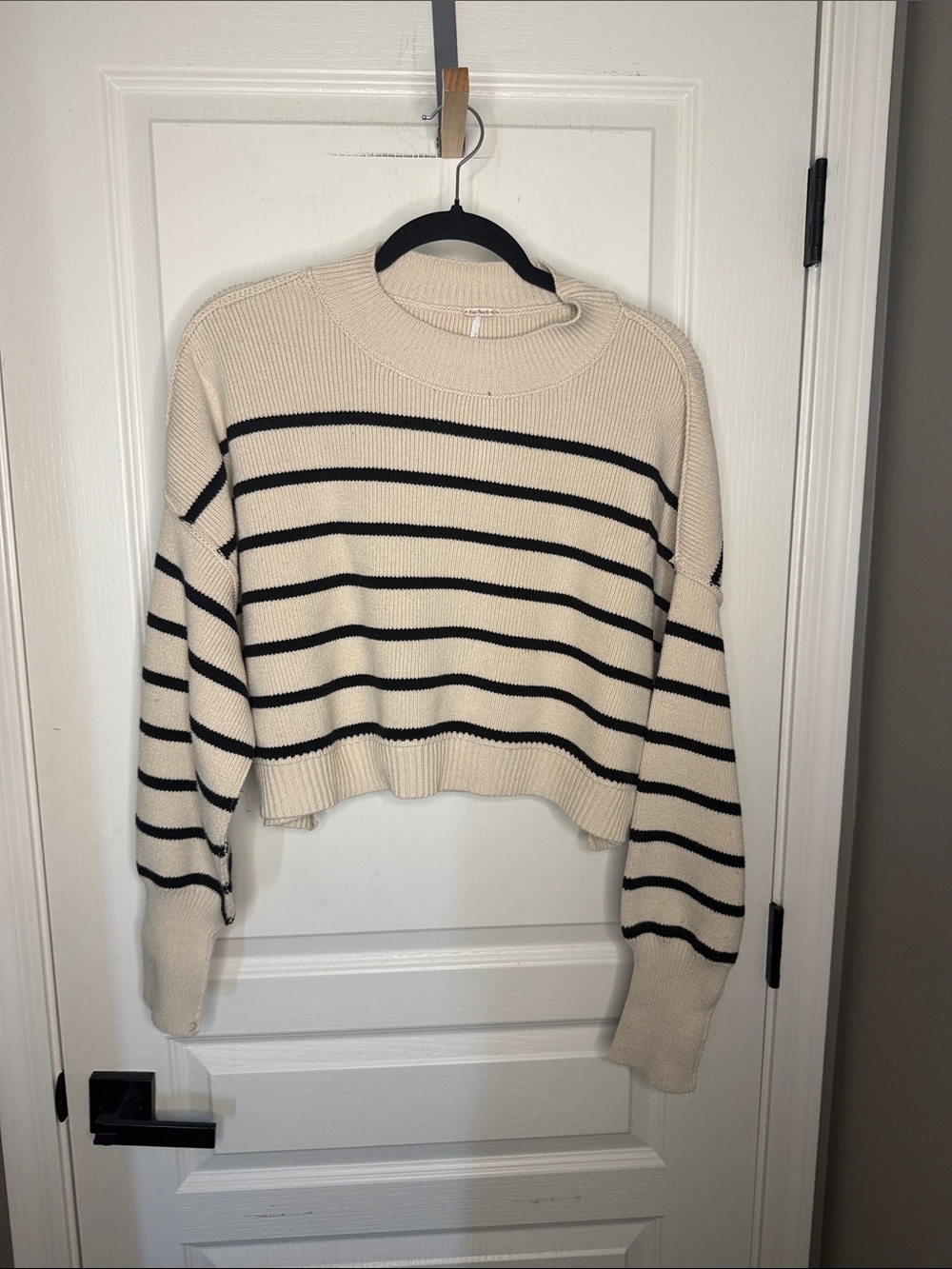 Free People Cream and Black Striped Crewneck Sweater